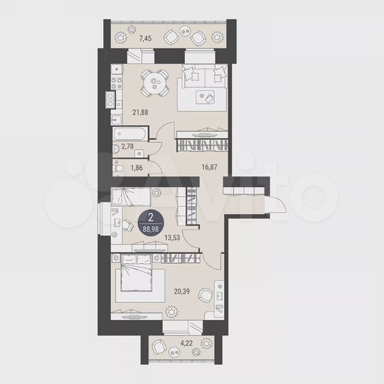 2-к. квартира, 89 м², 6/10 эт.