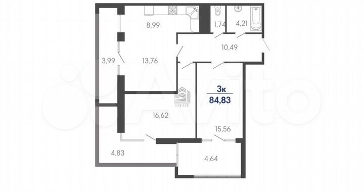 3-к. квартира, 72,4 м², 2/21 эт.