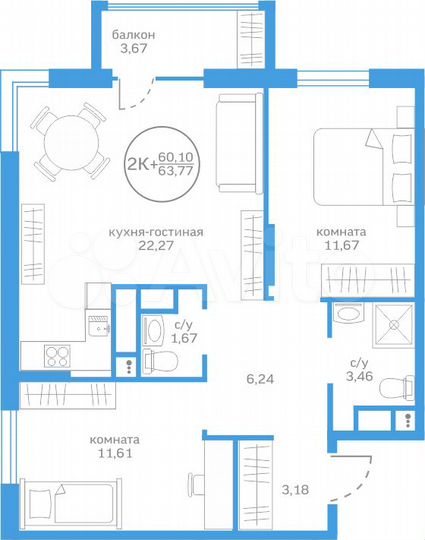2-к. квартира, 60,1 м², 10/20 эт.