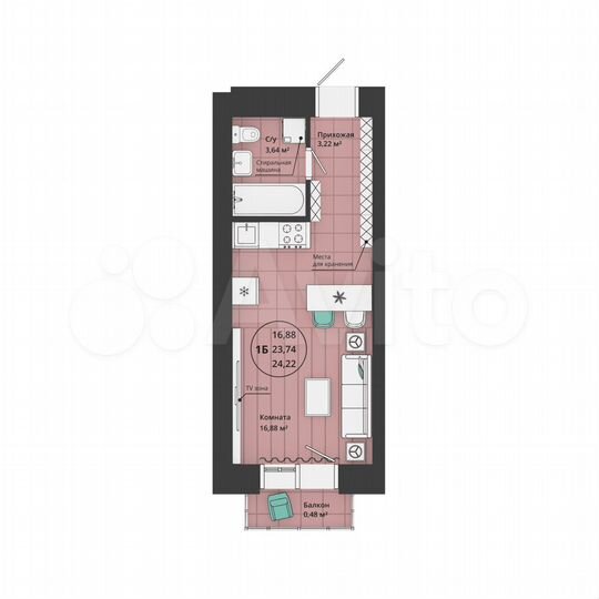Квартира-студия, 23,4 м², 10/26 эт.