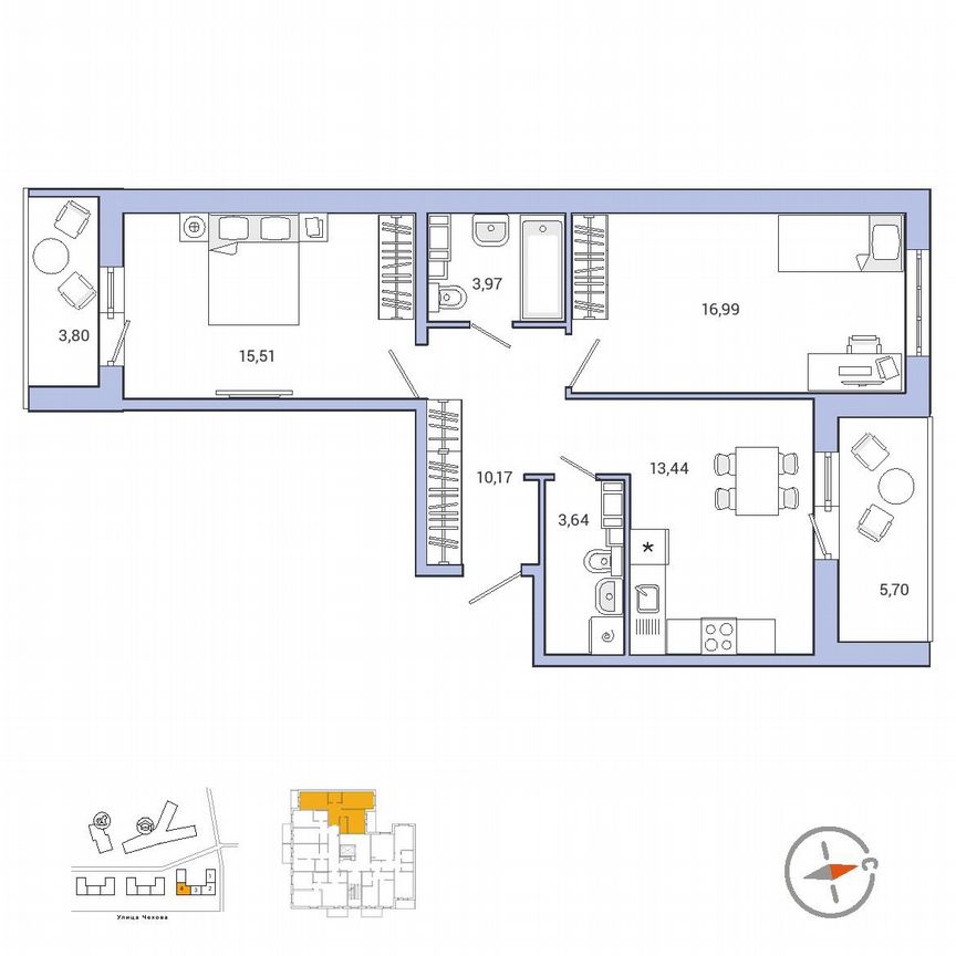 2-к. квартира, 68,6 м², 3/9 эт.