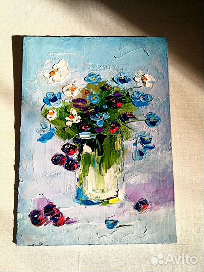 Незабудки ромашки картина маслом 13 х 18 см