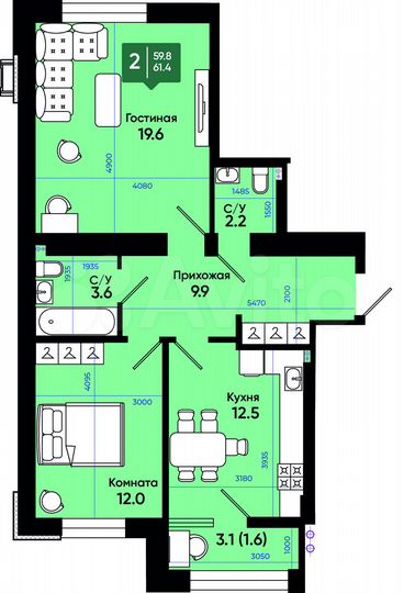 2-к. квартира, 61,4 м², 1/3 эт.
