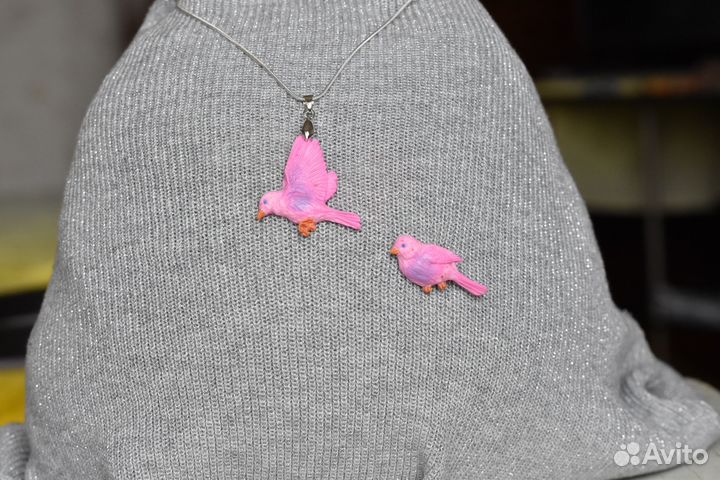 Кулон и брошь Розовые птички-чечевички