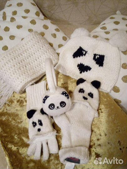 Комплект шапочка перчатки шарф наушники меховые