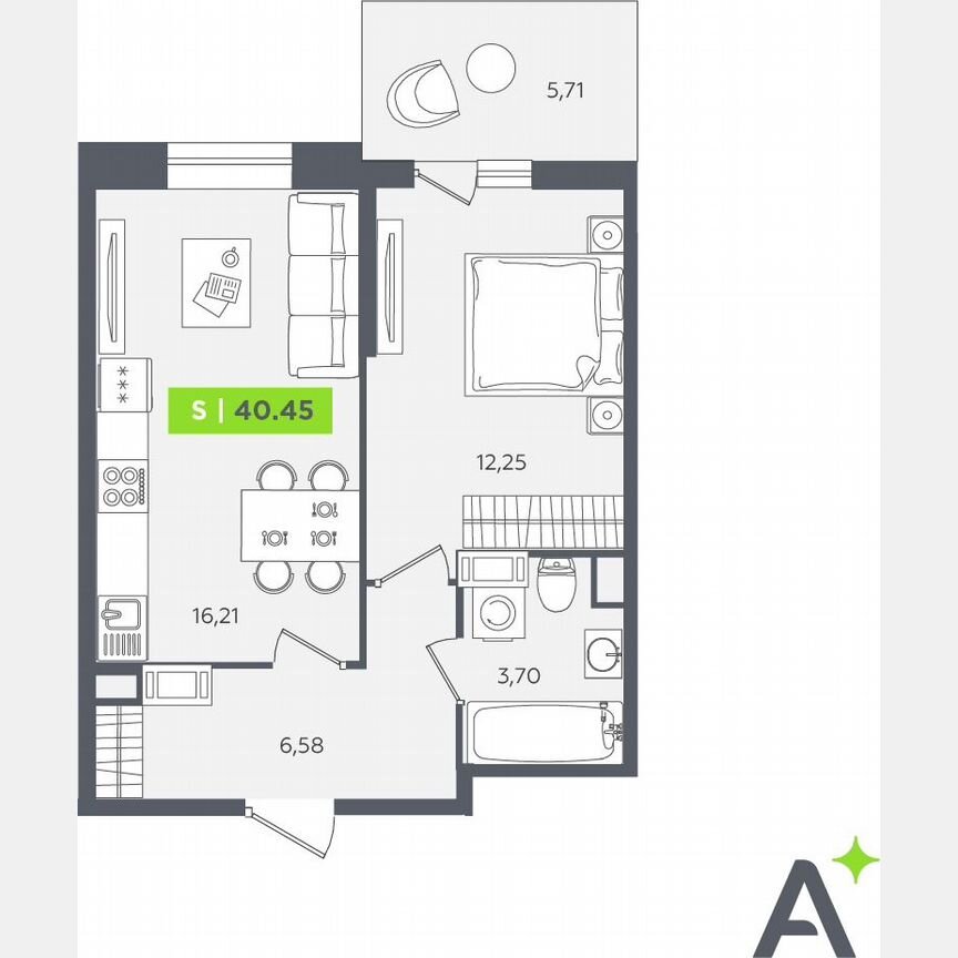 1-к. квартира, 40,5 м², 4/12 эт.
