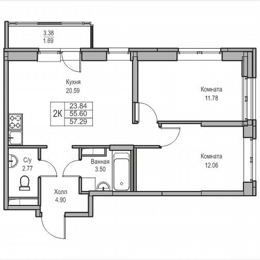 2-к. квартира, 57,3 м², 2/23 эт.