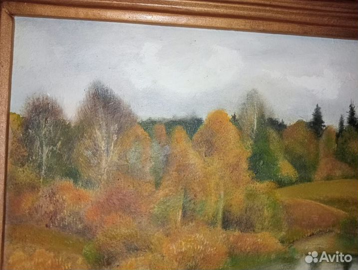 Картина маслом на двп. Озеро в осеннем лесу