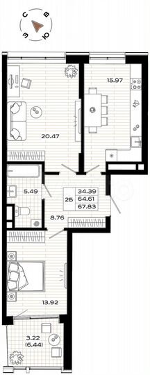 2-к. квартира, 67,8 м², 2/9 эт.
