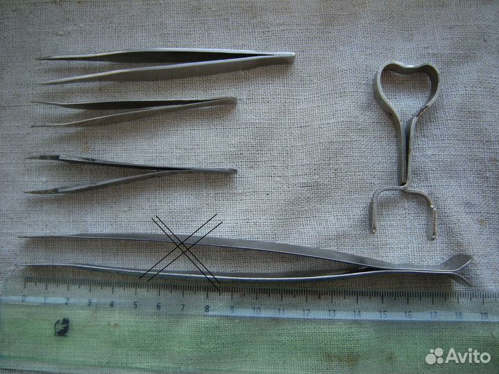 Ножницы 1983г, зажим медицинский, пинцеты