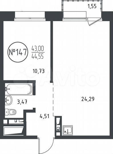 1-к. квартира, 44,6 м², 8/10 эт.