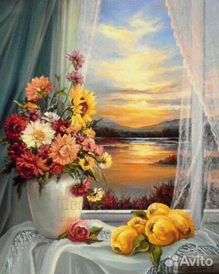 Алмазная мозаика 40x50 Букет цветов и айва на подо