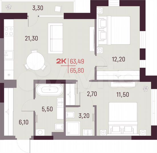 2-к. квартира, 63,5 м², 3/25 эт.