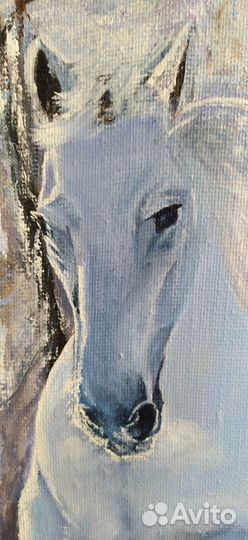 Картина маслом. Зимний пейзаж. Конь. Лошадь