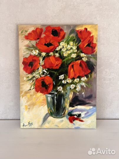 Картина маслом яркие красные цветы маки на холсте