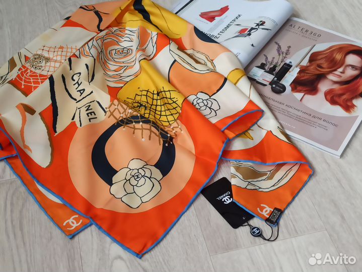 Платок Chanel Оранж шелк ручной край 3цв