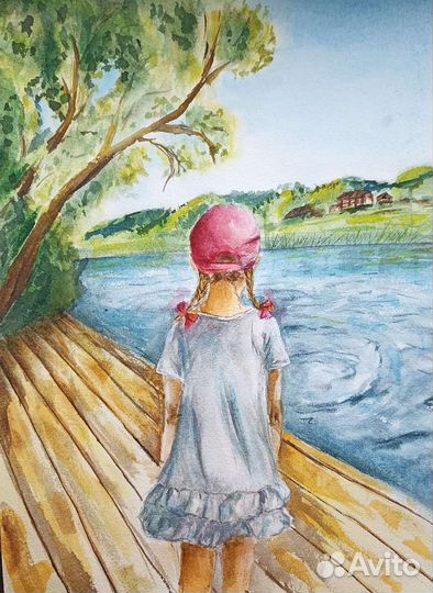 Акварель Лето на берегу реки Каменки (Суздаль)