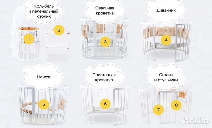 Детская кроватка трансформер 8 в 1 бук белая