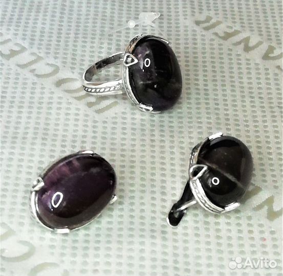 Серьги, кольцо серебрение аметист разм.17,5 С631