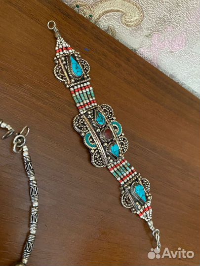 Серебряное кольцо браслет и ожерелье с берюзой