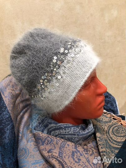 Шапка бини женская из пуха норки + пайетки
