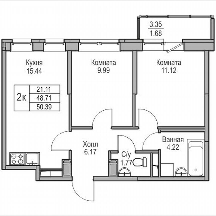 2-к. квартира, 50,4 м², 6/23 эт.