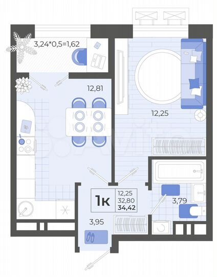 1-к. квартира, 34,4 м², 9/14 эт.