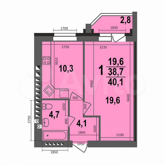1-к. квартира, 40,1 м², 1/5 эт.