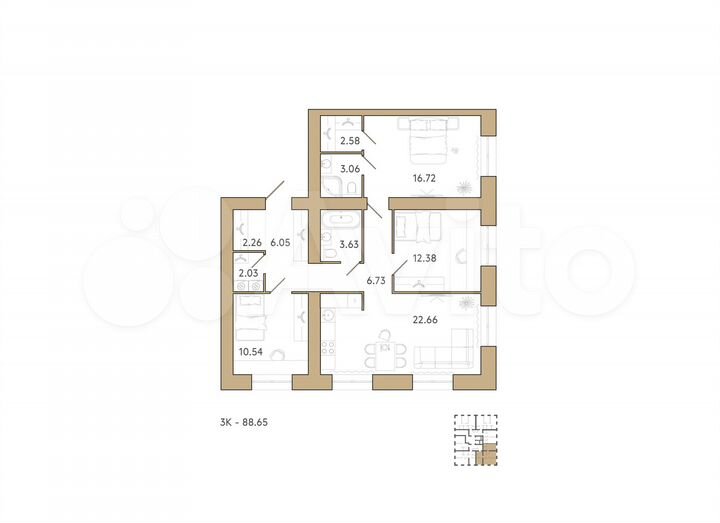 3-к. квартира, 88,7 м², 1/12 эт.