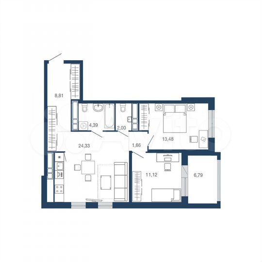 2-к. квартира, 70,9 м², 17/22 эт.