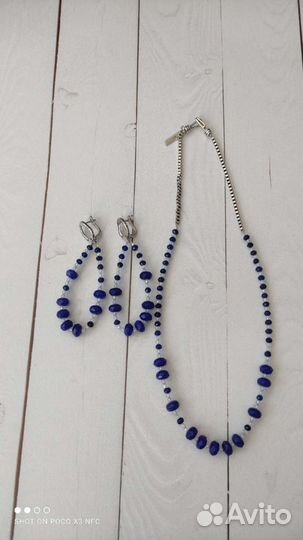 Сапфир +Циркон, серебро 925 пр. (колье + серьги)