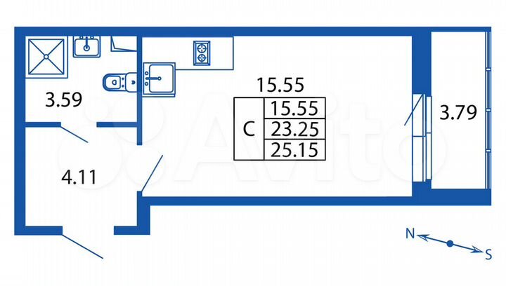 Квартира-студия, 25,2 м², 1/12 эт.