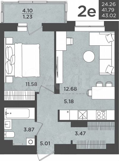 2-к. квартира, 43 м², 2/24 эт.
