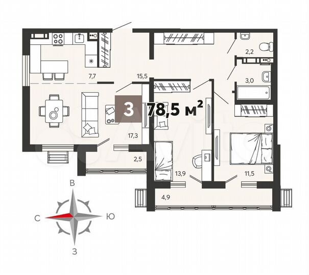 3-к. квартира, 78,5 м², 9/16 эт.