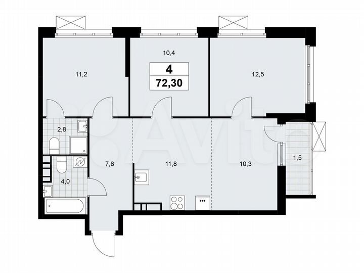 4-к. квартира, 72,3 м², 7/16 эт.