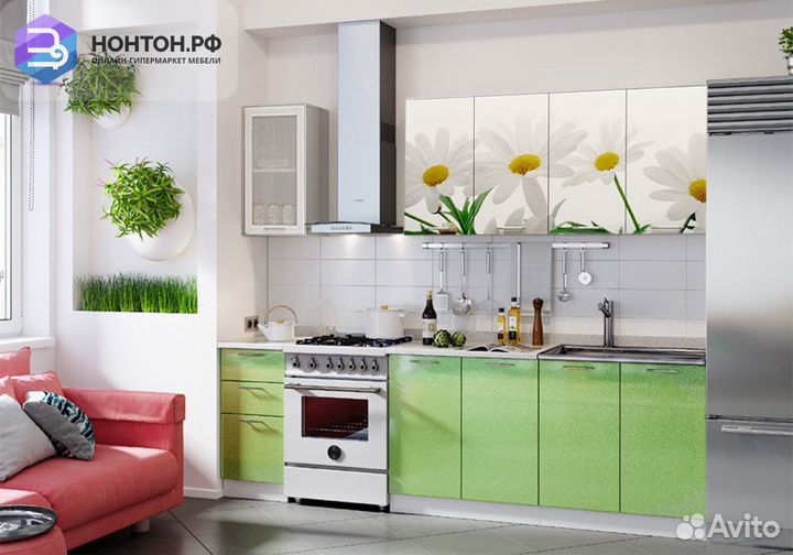Кухня Ромашки NEW 2.0 м белый глянец / салатовый м