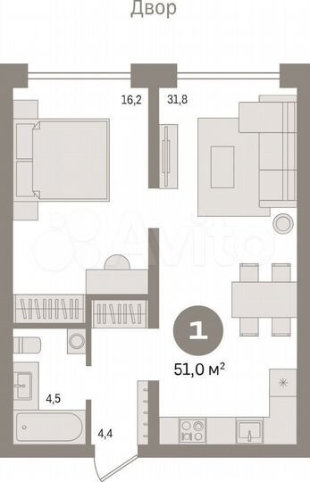 1-к. квартира, 51 м², 2/5 эт.
