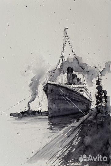 Картина Титаник Олимпик акварель чернила