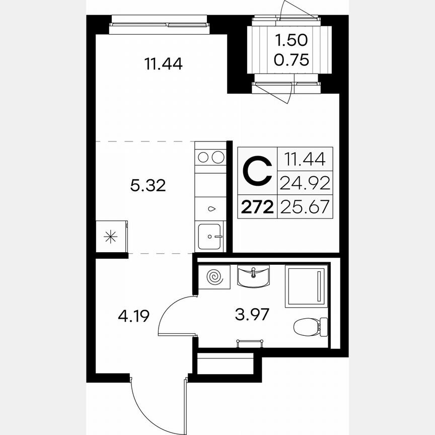 Квартира-студия, 25,7 м², 1/9 эт.