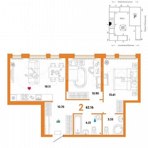 2-к. квартира, 62,2 м², 25/25 эт.