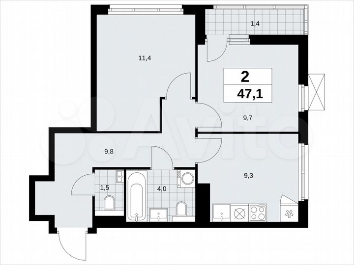 2-к. квартира, 47,1 м², 15/19 эт.