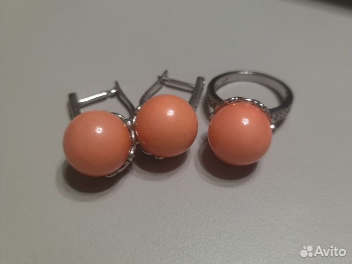 Кольцо и серьги коралл