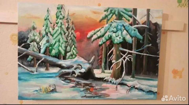 Зимний лес маслом