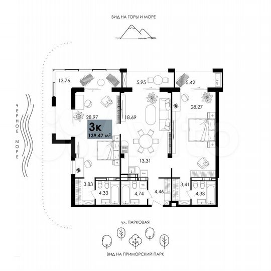 3-к. апартаменты, 139,5 м², 9/12 эт.