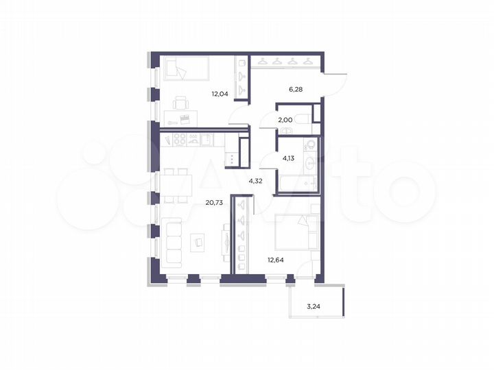 2-к. квартира, 62,1 м², 3/10 эт.