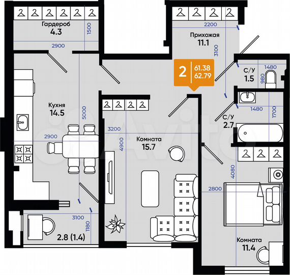 2-к. квартира, 62,8 м², 1/9 эт.