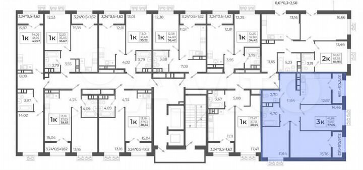 3-к. квартира, 77,1 м², 12/14 эт.