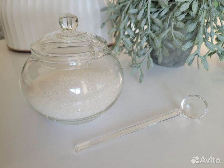 Сахарница с ложечкой стекло
