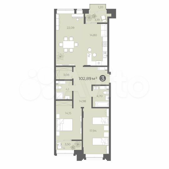 3-к. квартира, 102,9 м², 6/10 эт.
