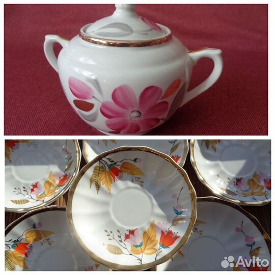 Сахарница Блюдце Вербилки Набор 6 шт Фарфор СССР